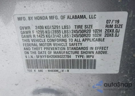 2019 Honda Passport Sport z USA, uszkodzony, nr VIN 5FNYF8H20KB022784